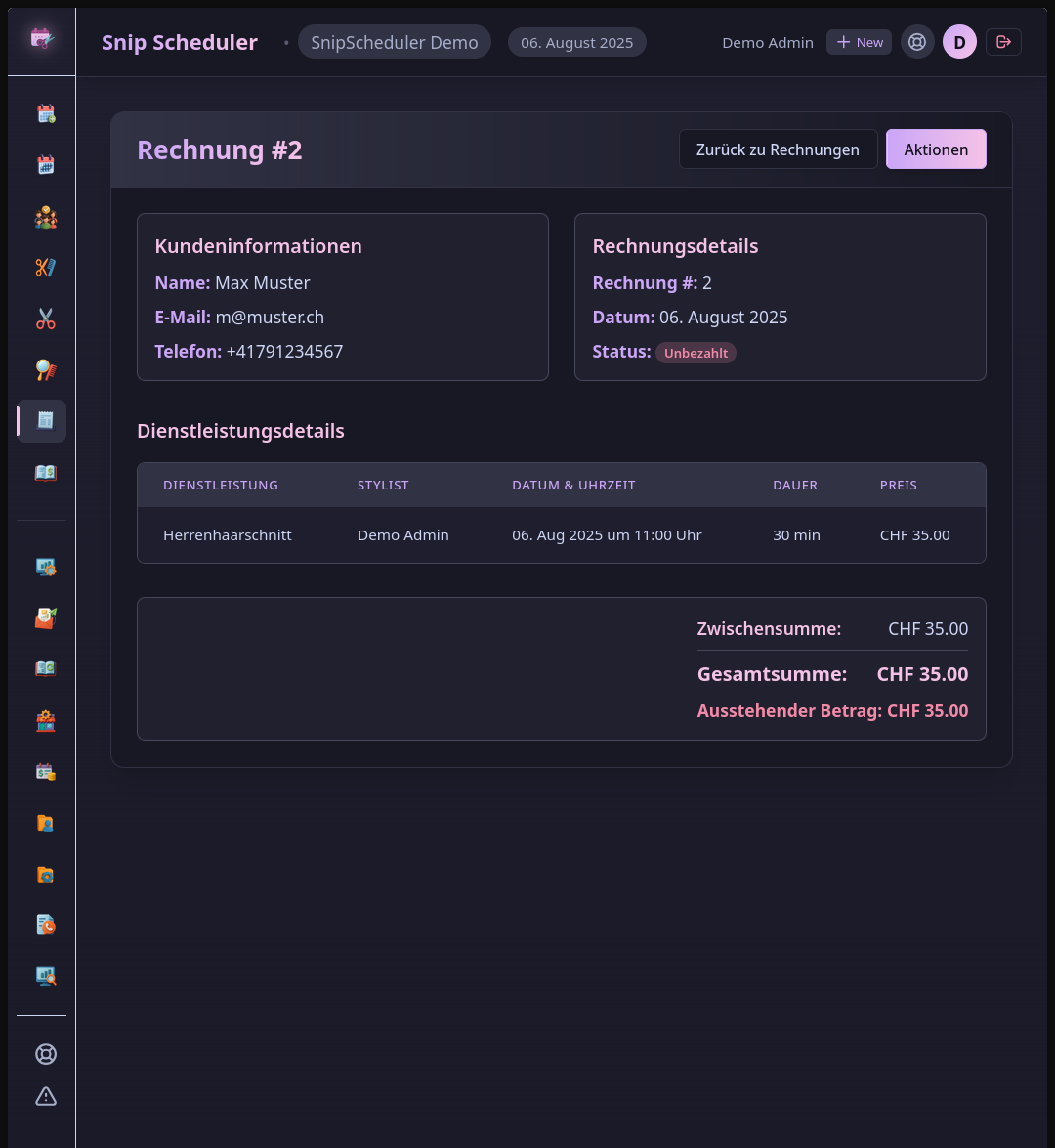 SnipScheduler Buchhaltung und Rechnungsstellung
