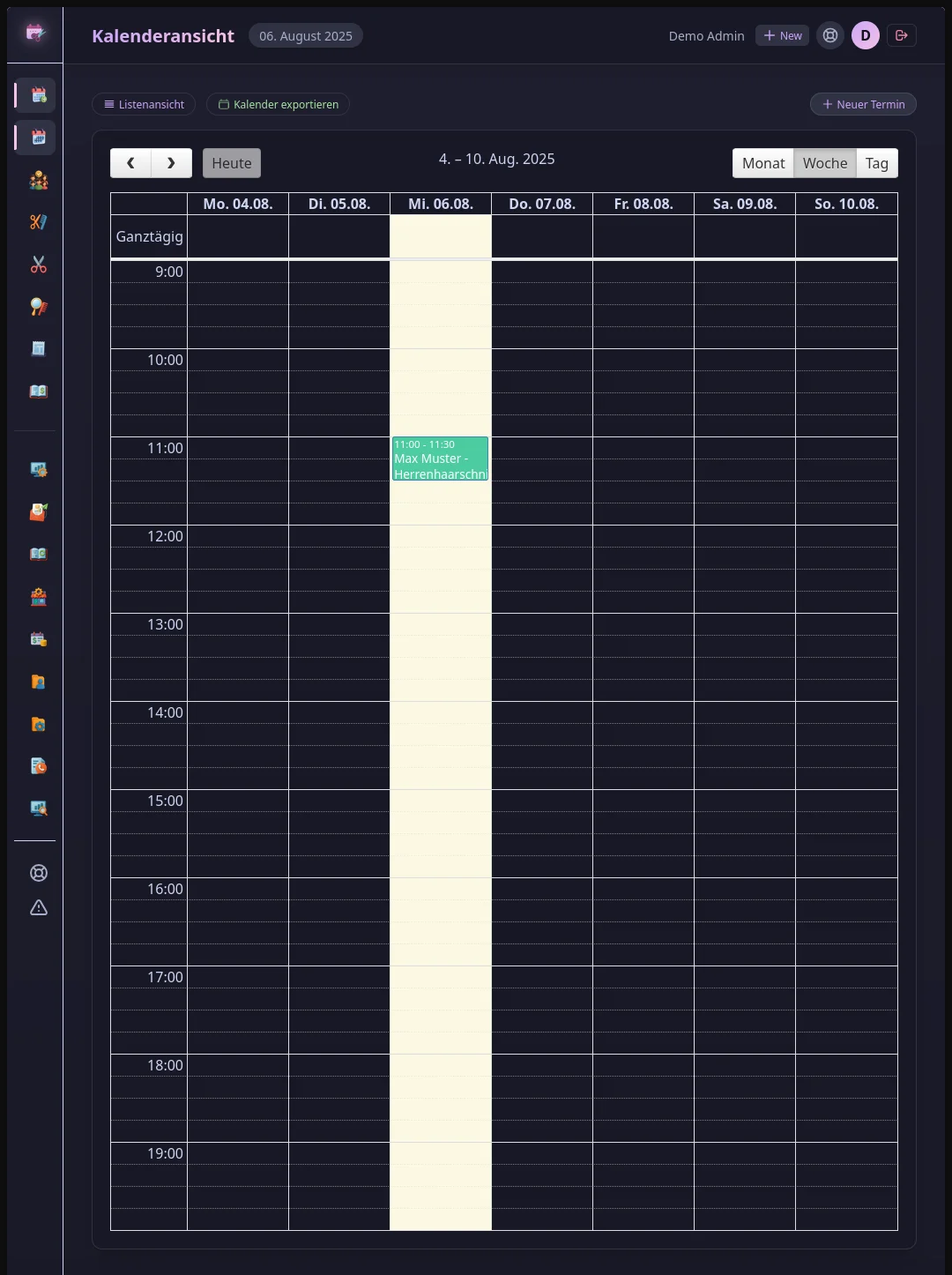 SnipScheduler Kalenderansicht mit Terminübersicht und Mitarbeiterverwaltung für Coiffeursalons