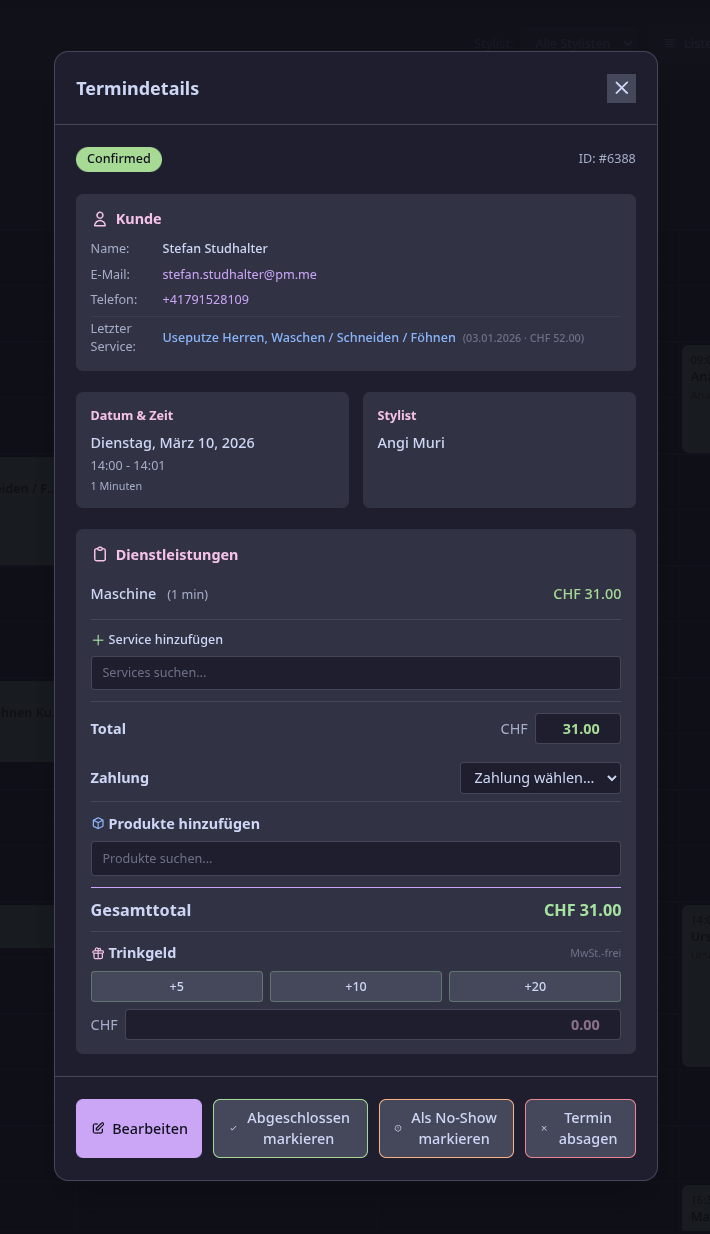 SnipScheduler Kassensystem mit Dienstleistungen, Produkten und Zahlung